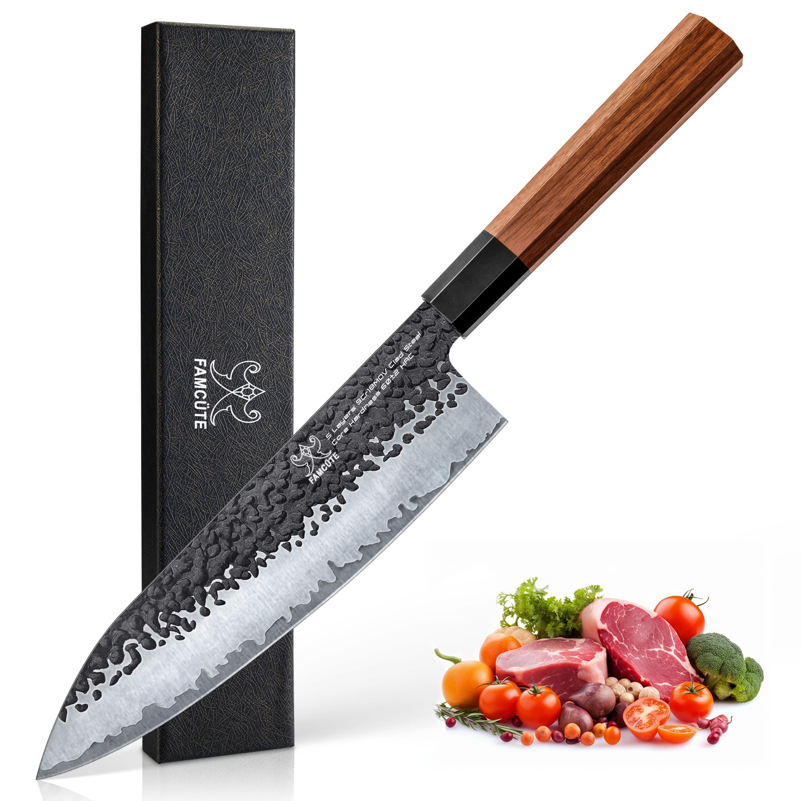 Photo 1 of FAMCÜTE 8 Inch Japanese Knife, Hand Forged 5 Layers High Carbon 9CR18MOV Steel Rosewood Handle Chef Knife, Ultra Sharp Durable Professional Kitchen Knife, A Thoughtful Birthday Gifts for Mom/Dad