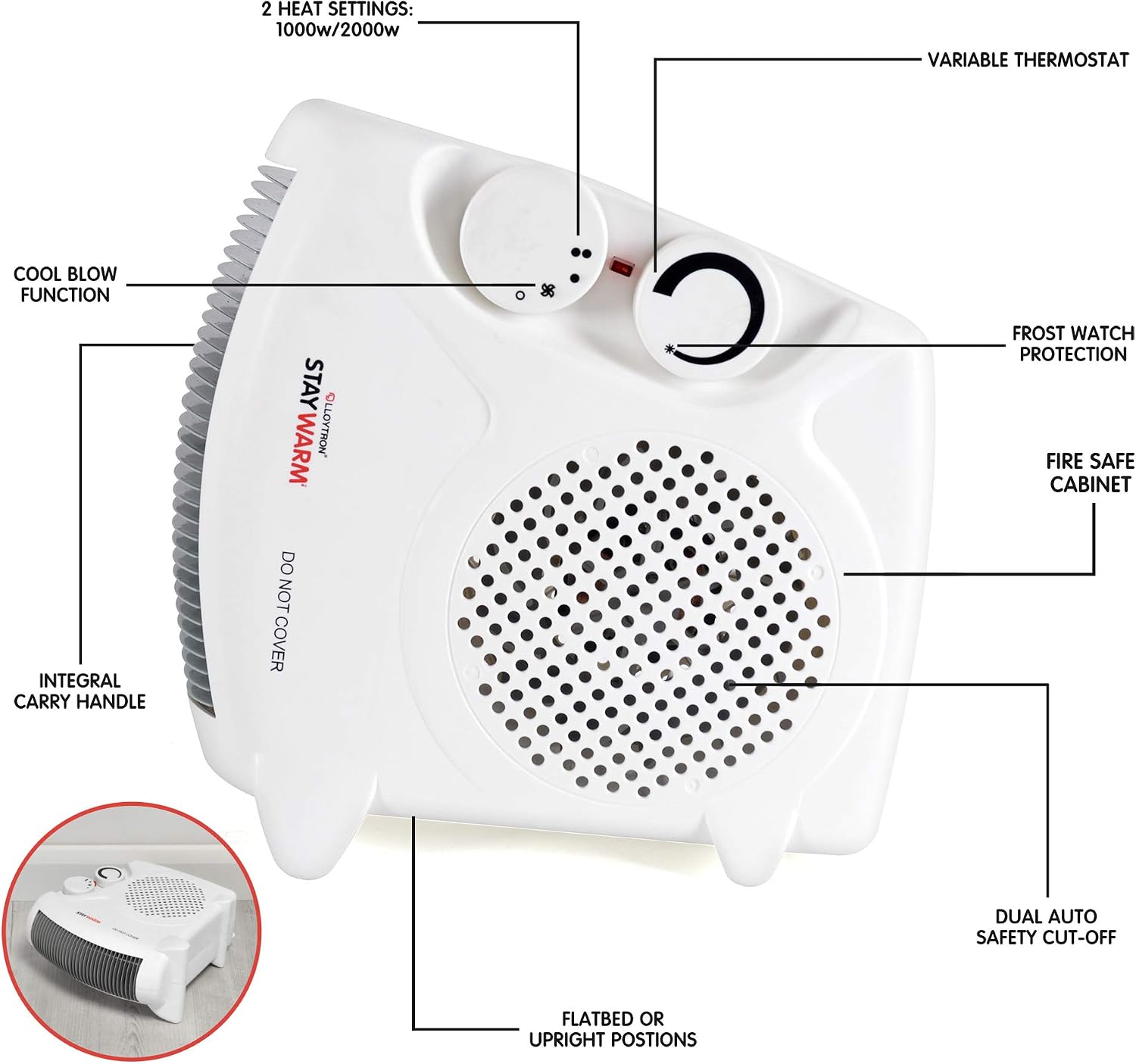 STAYWARM® 2000w Upright and Flatbed Fan Heater with 2 Heat Settings / Cool Blow Fan / Variable Thermostat / Frost Watch / Overheat Protection / BEAB Safety Approved / 3 YEAR WARRANTY - Image 5