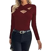 EWFKJ Long Sleeve Cutout Tops for Women Slim Fitted Crisscross V Neck Sexy Fall Going Out T-Shirts