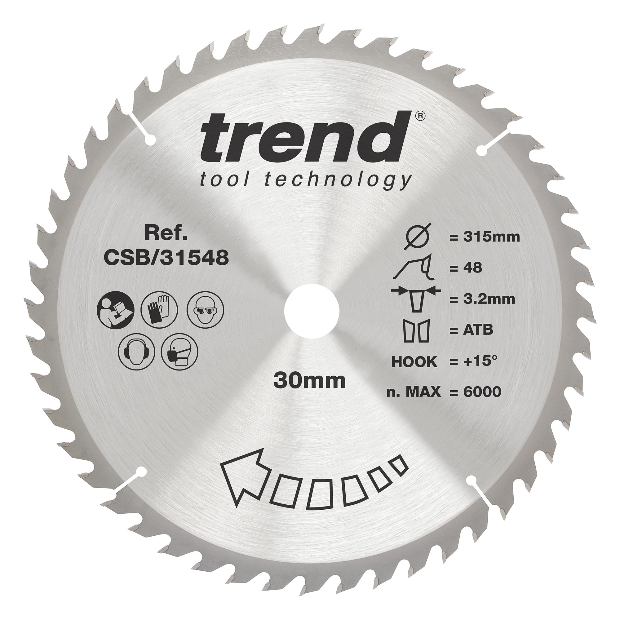 Trend Wood Circular Saw Blade, 315mm Diameter, 30mm Bore, 48 Teeth, 3.2mm Kerf, +15° Hook, TCT, Medium Finish, CSB/31548