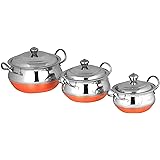 PARIJAT HANDICRAFT Stainless Steel Handi Cookware Set of 3 Pcs - PREMIUM Stainless Steel 3 Pcs Handi Cookware Set - Copper Bo