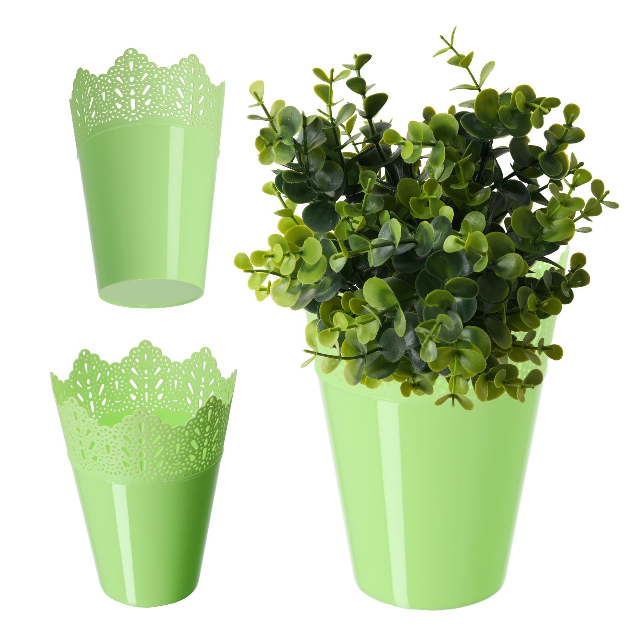 KADAX Plastic Lace Flower Pot, 9 Colours, Flower Pot with Lace Motif, Flower Pot Protector for Office, Pot, Garden Bowl, Flower Pot, Planter (Diameter 12 cm, High, Green)