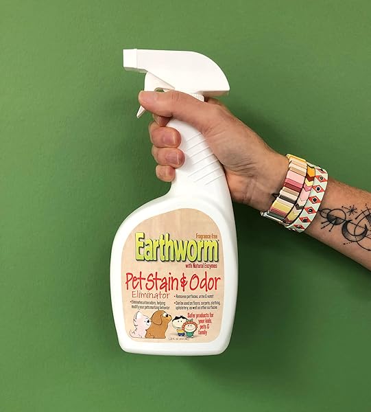 EARTHWORM PET STAIN REMOVER & ODOR ELIMINATOR – URINE ELIMINATOR NATURAL ENZYME FORMULA, FRAGRANCE FREE SPRAY – 22 OZ