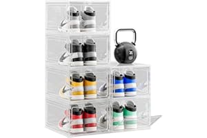 JOYZAN 6 Pack Shoe Boxes Clear Plastic Stackable, Large Sneaker Storage Organizer with Doors, Shoe Display Case, Space Saving Foldable Shoe Rack, Boots and Hat Organizer, Large Closet Shoe Holder