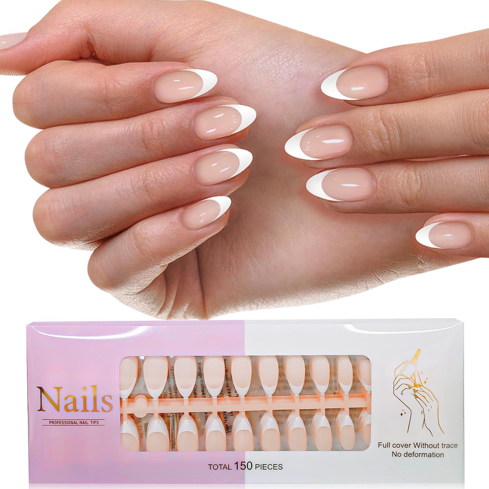 150pcs French Press On Nail - Gifts for Women Girls 2 in 1 Short Almond Soft White Tips Press On Nails, Natural Stick On Nails in 15 Sizes