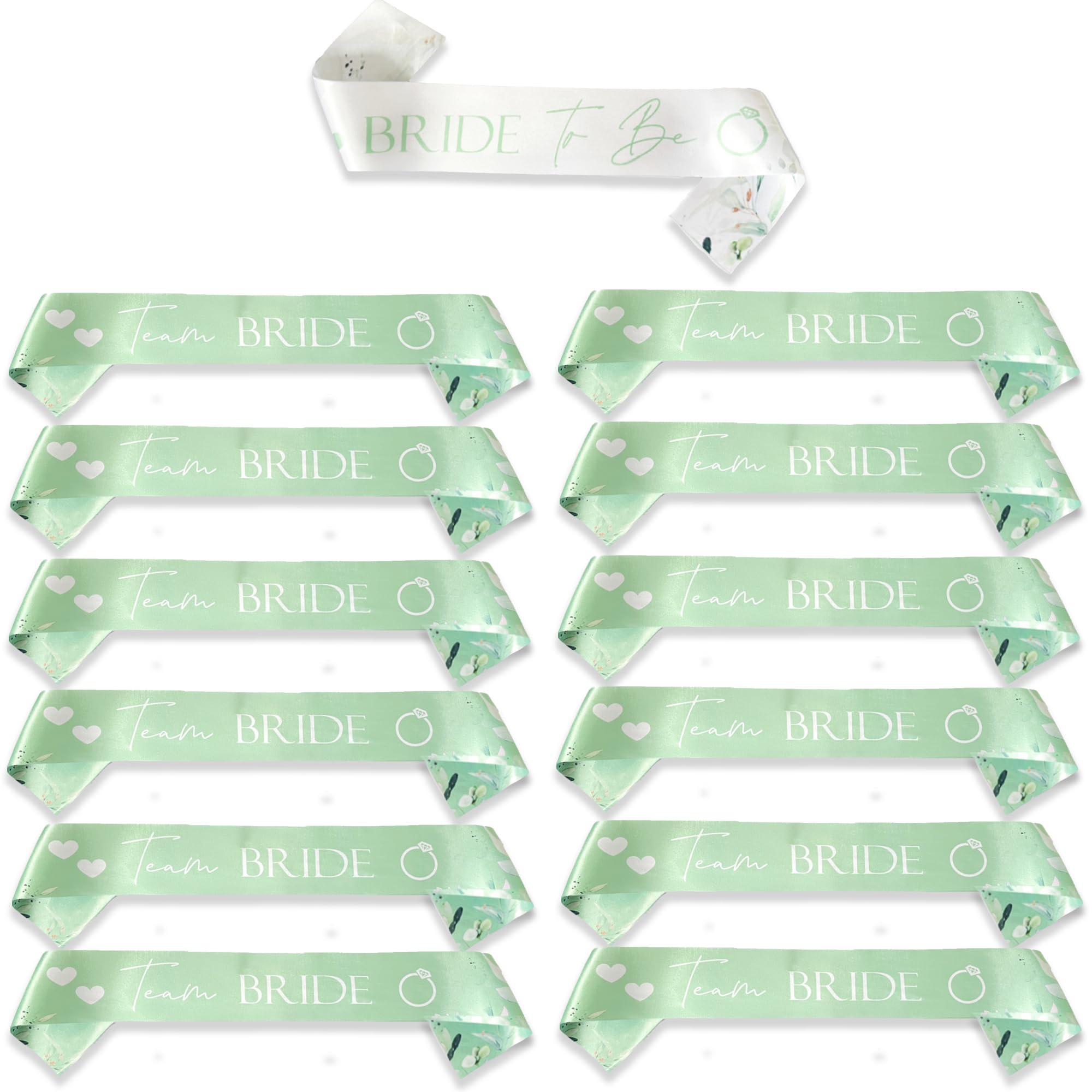15 Pieces Hen Party Accessories Sashes Sets (14x Team Bride Sage Green, 1x Bride to Be White) Botanical Floral Satin Sash Set for Women Girls Wedding Bachelorette Parties