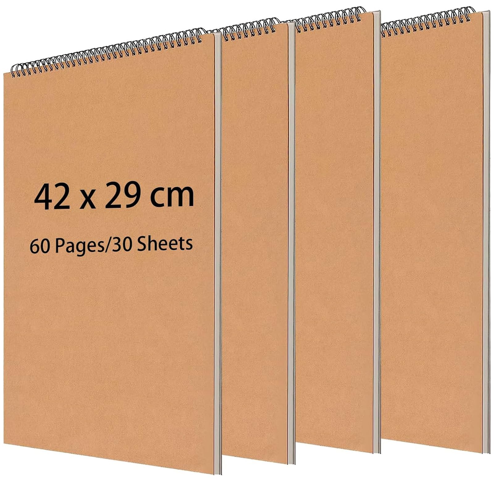 ZOENHOU 4 Pack A3 Sketch Book, 60 Pageds/30 Sheets Spiral Bound Sketch Art Pad, Landscape Sketchbook, Hardback Drawing Pad for Artists, Brown