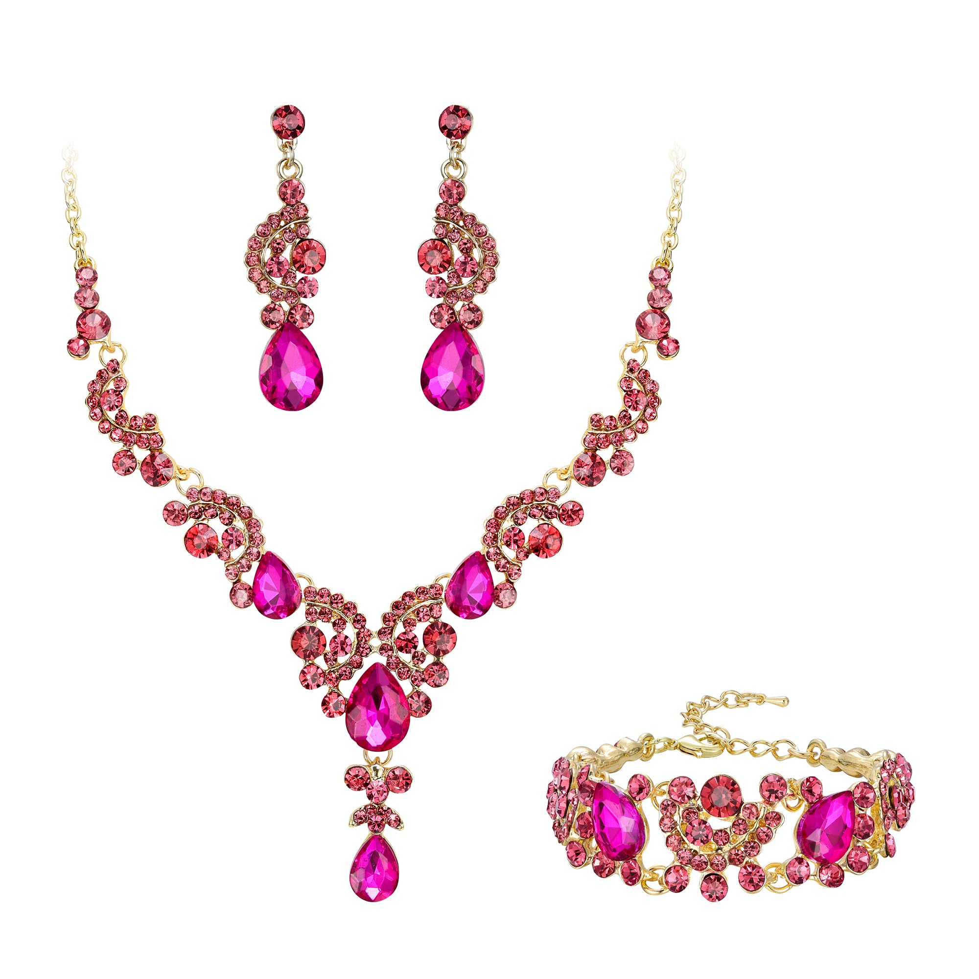 Ever Faith Wedding Jewellery Set for Women, Sparkly Rhinestone Crystal Vintage Floral Teardrop Brides Bridal Necklace Earrings Bracelet Sets Prom Party Costume Jewelry 3 Pcs Hot Pink Gold-Tone