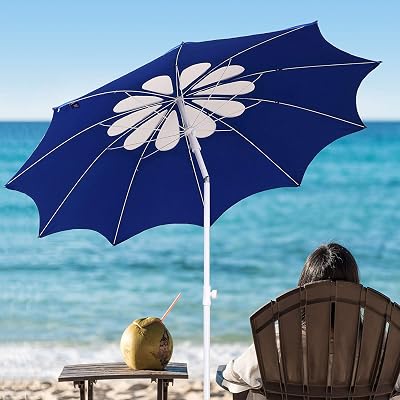 AMMSUN 7ft Beach Umbrella with Tilt Telescopic Pole and UPF 100, Flower Vents Design and Portable Sun Shelter for Sand and Outdoor Activities, Carry