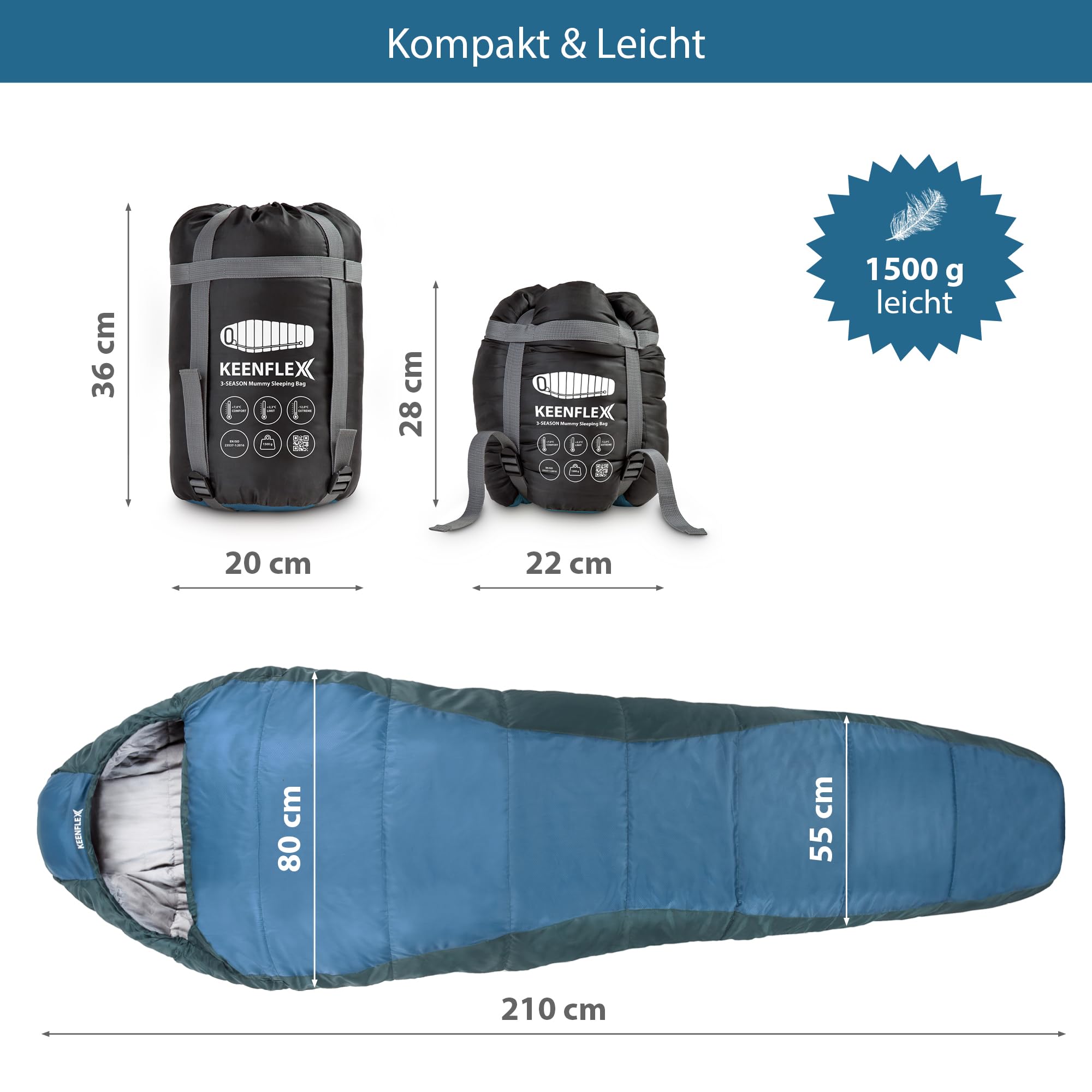 KEENFLEX Schlafsack Erwachsene - kleines packmaß - Sommerschlafsack 950g - 3 Jahreszeiten 1500g - Ultraleicht Mumienschlafsack für Trekking, Camping, Outdoor & Festivals 5