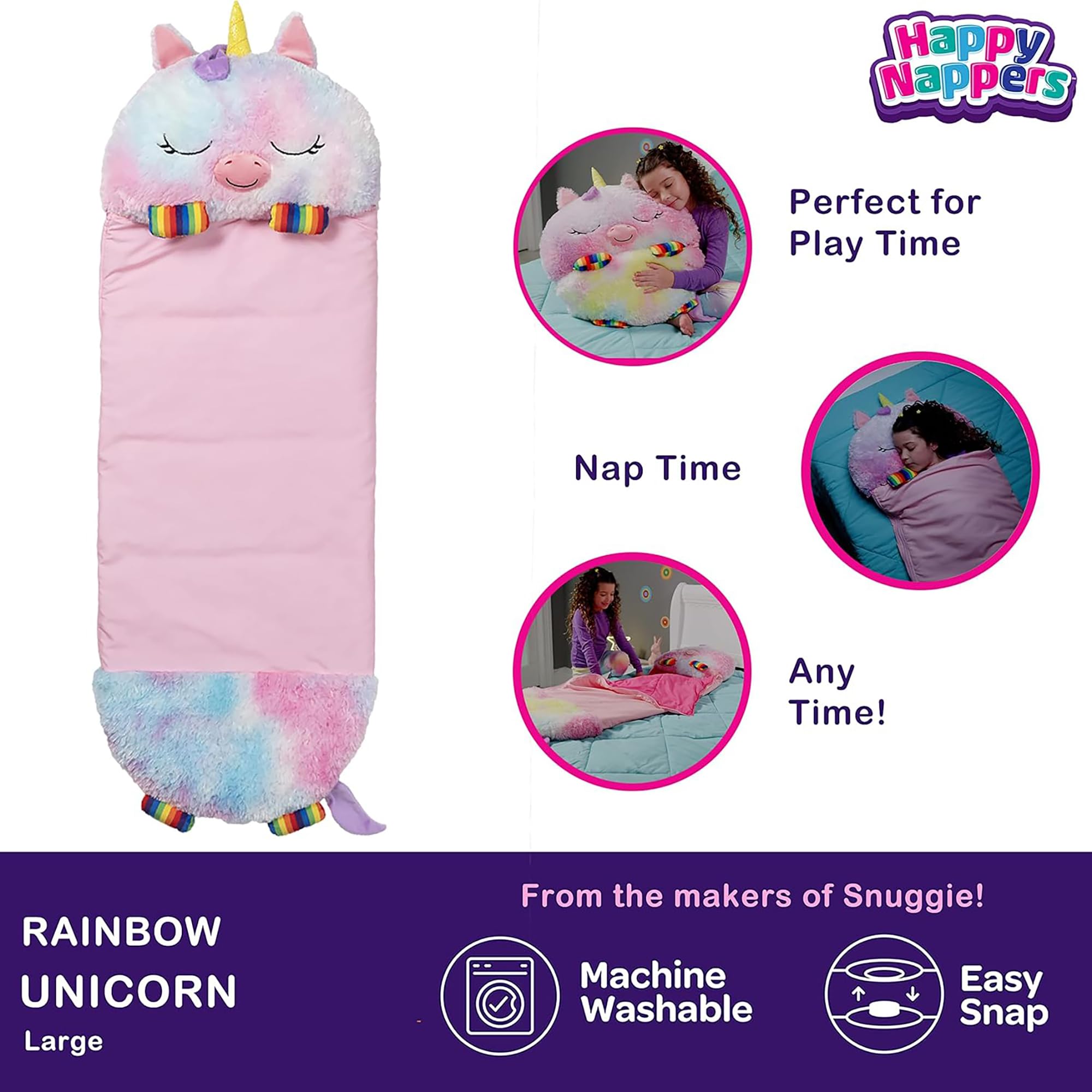 Happy Nappers: Pillow & Sleepy Sack: Large - Rainbow Unicorn - 66 x 30, 2-in-1: Plush Animal Opens Into Sleeping Bag, Soft Play Character, Kids 3+