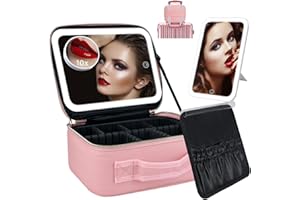 Micsci Travel Makeup Bag with LED Lighted Mirror, Portable Cosmetic Train Case Organizer, 3 Color Light, Dividers, 10x Magnif