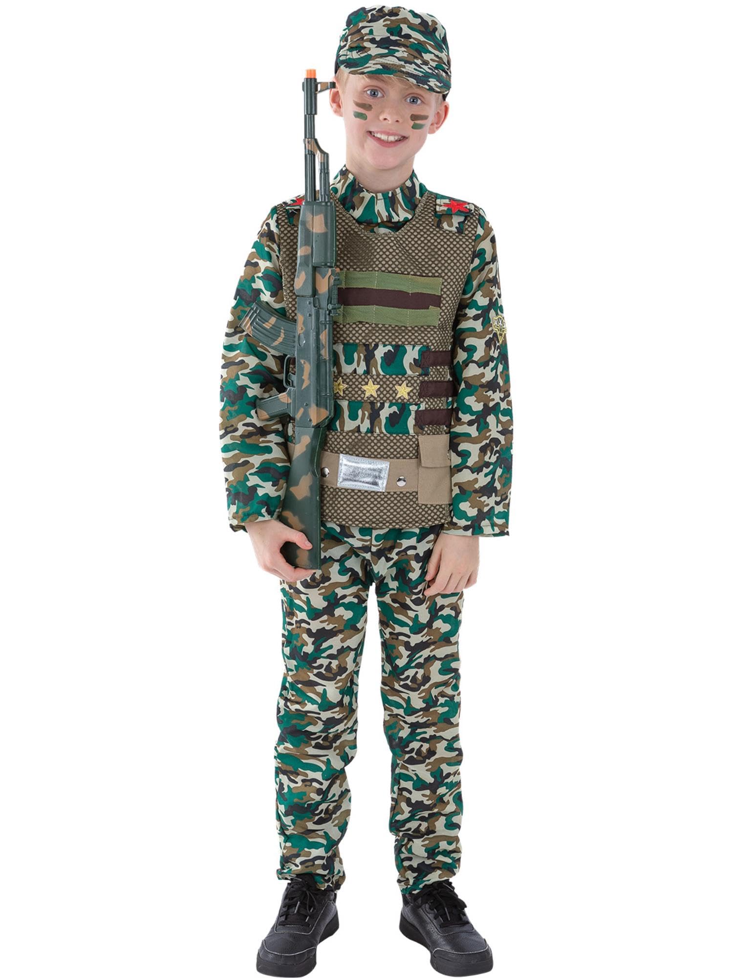 Smiffys Camouflage Military Boy Costume, Green with Top, Trousers & Hat, Boys Fancy Dress, Army Dress Up Costumes