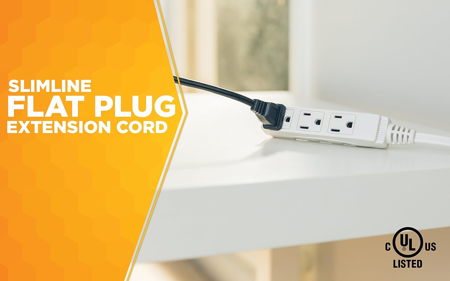 Woods SlimLine 2241 16/3 Flat Plug Indoor Extension Cord, 8-Foot, 3 Outlets, Right Angled Plug, Space Saving Design, UL Listed - - 