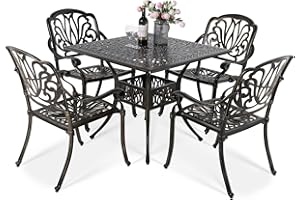 VIVIJASON 5-Piece Outdoor Cast Aluminum Patio Dining Set, All-Weather Conversation Furniture Set, Include 4 Chairs and a 35.4 inch Square Table w/Umbrella Hole for Balcony, Lawn, Garden, Backyard