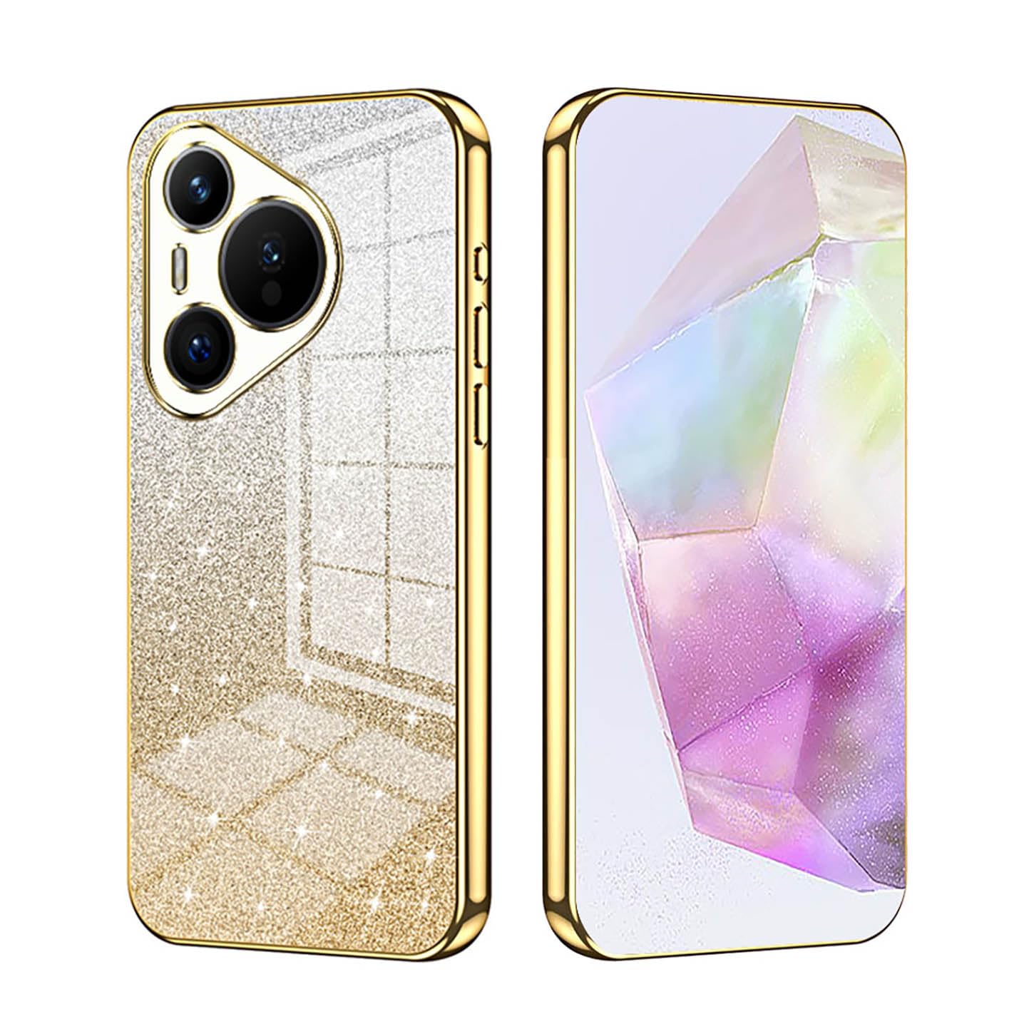 ILING Case for HUAWEI Pura 70, Ultra Thin Elegant Gradient Color Sparkling Back Design Electroplated Edging Soft Silicone TPU Shockproof Phone Case Girls Cover (Gold)