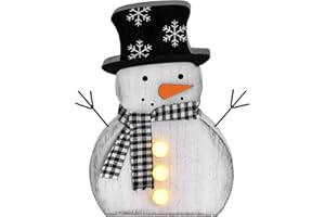 GHOSTMAGIC Wooden Snowman Christmas Decoration with LED Buttons, Lighted Rustic Tabletop Snowman Figurine with Buffalo Plaid Scarf, Winter Xmas Table Decor, Farmhouse Holiday Centerpiece (Black hat)