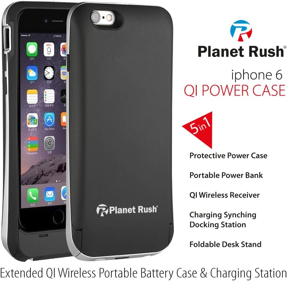 iPhone 6 6S Ultimate Gadget 5-in-1 Qi Wireless Charging Receiver Apple Certified & Portable External Battery & Hard Shell Protection Case & Foldable Desk Synching Station, Upgraded Induction Capacity