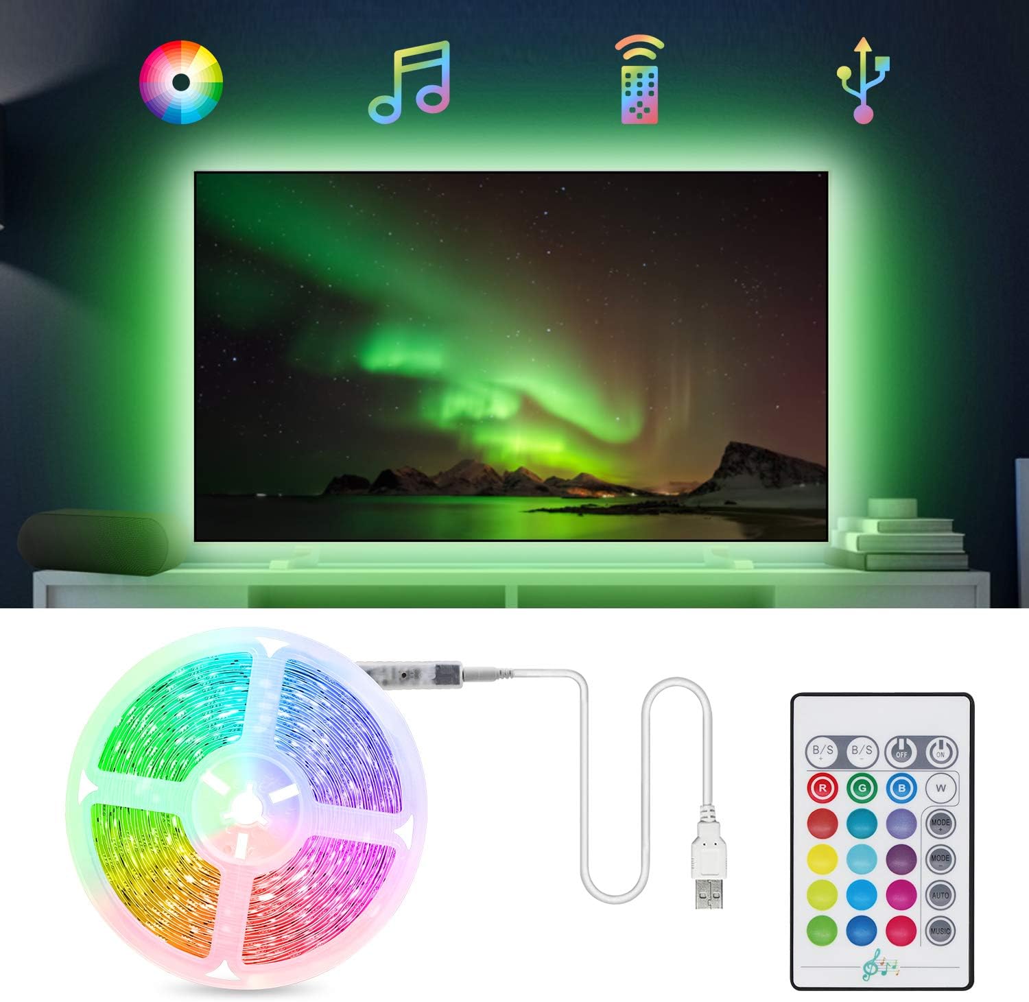 TV LED Backlight Strip Lights, TASMOR 6.56ft 5050 RGB Light Strip Music