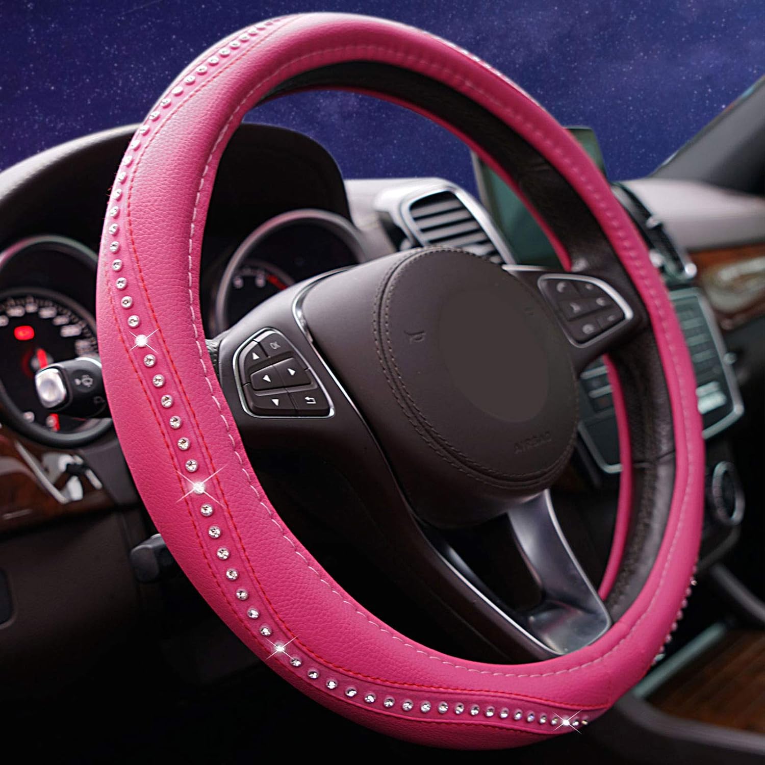 HUILI Steering Wheel Cover, 15 in Bling Rhinestone Steering
