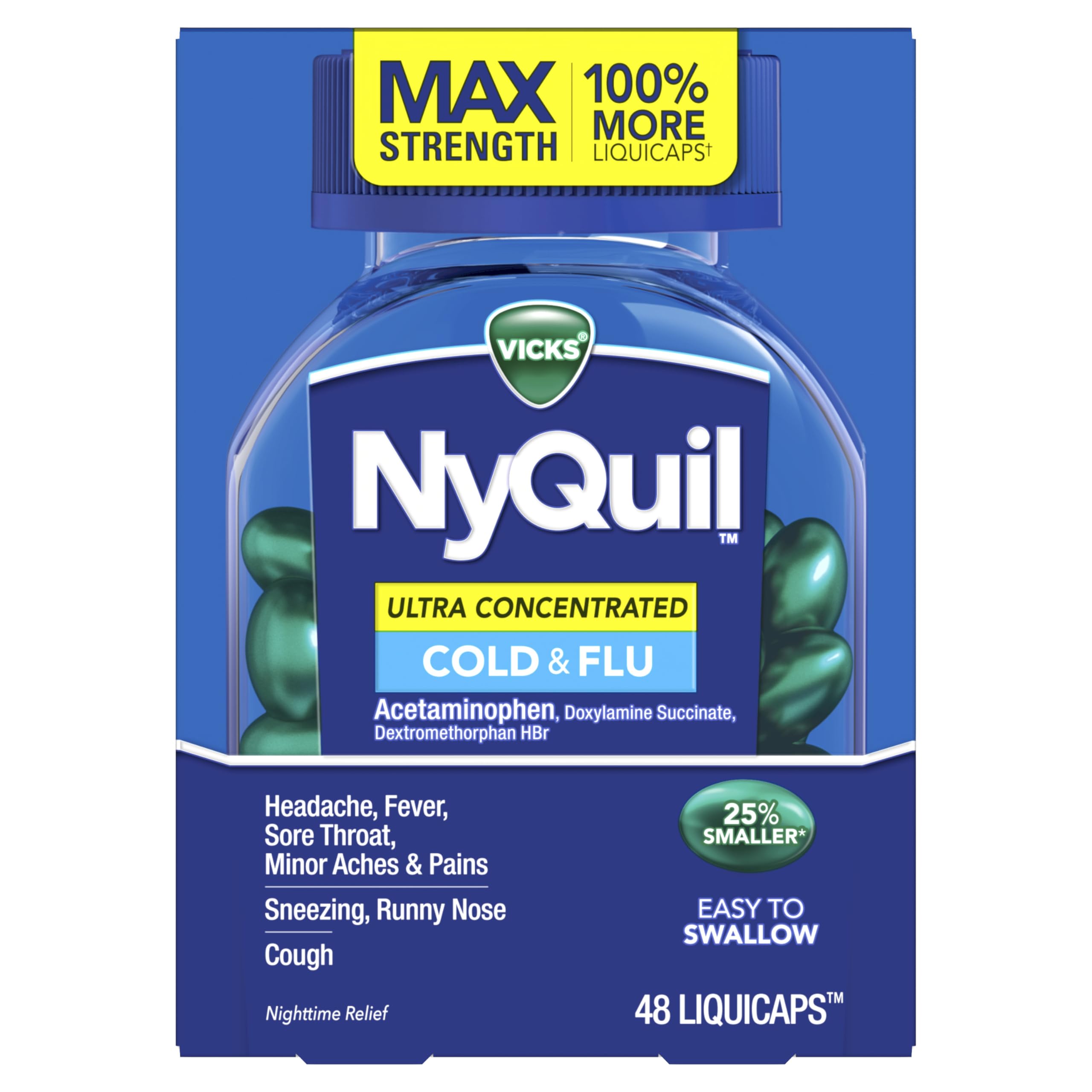 NyQuil Ultra Concentrated Cold and Flu Medicine, Nighttime, Relief for Cough, Sore Throat, Fever, Congestion, Easy to Swallow, Easy to Open Bottle, 48 LiquiCaps