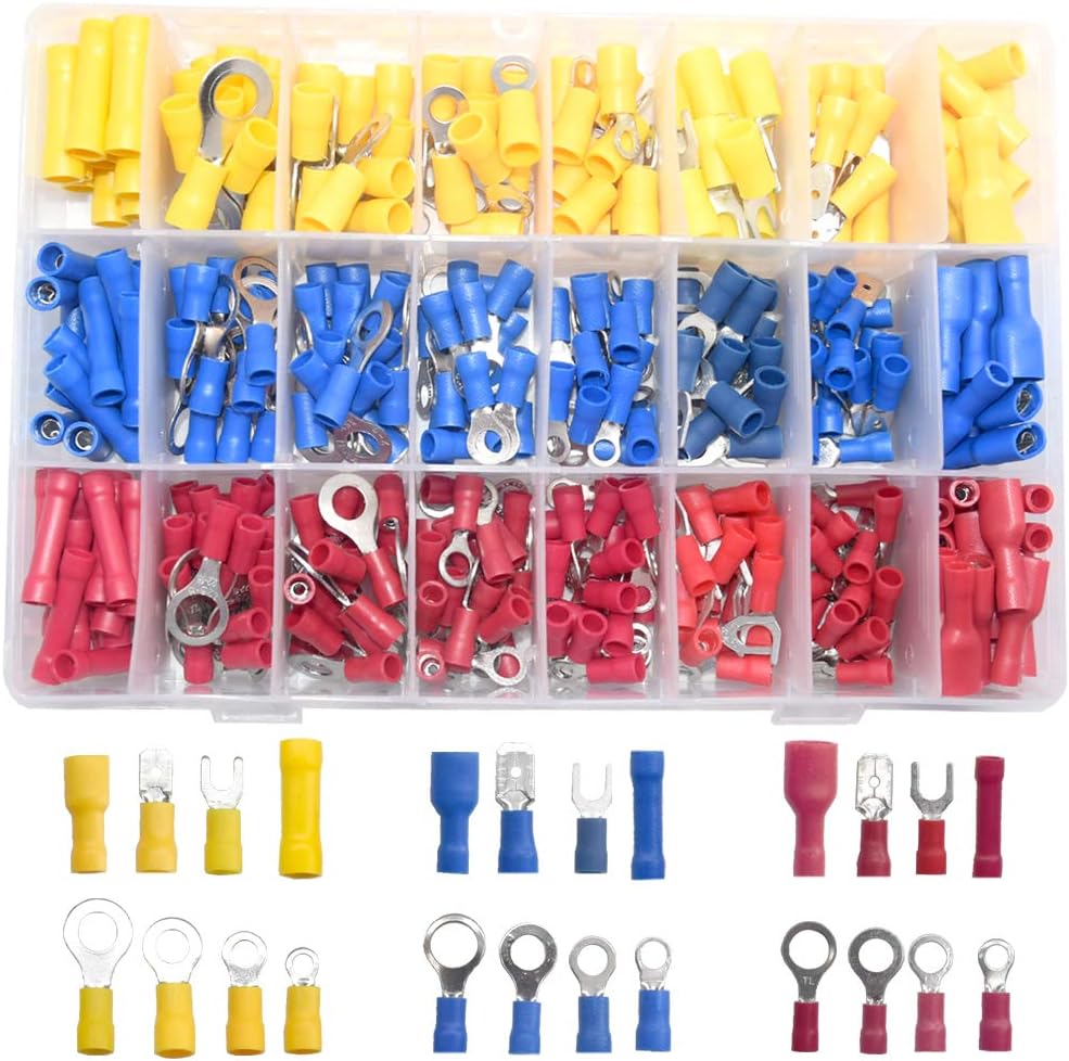 Yosawo 360 Pieces Crimp Connectors Electrical Connectors Insulated Crimp Terminals Kit Spade Bullet Butt Fork Wire Connectors(PVCZ)