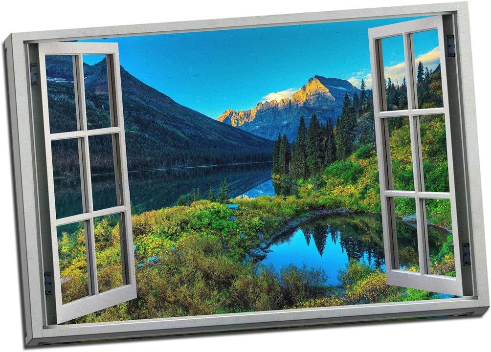 Large Mountain Lake Scenic View 3D Window Effect Canvas Print Picture