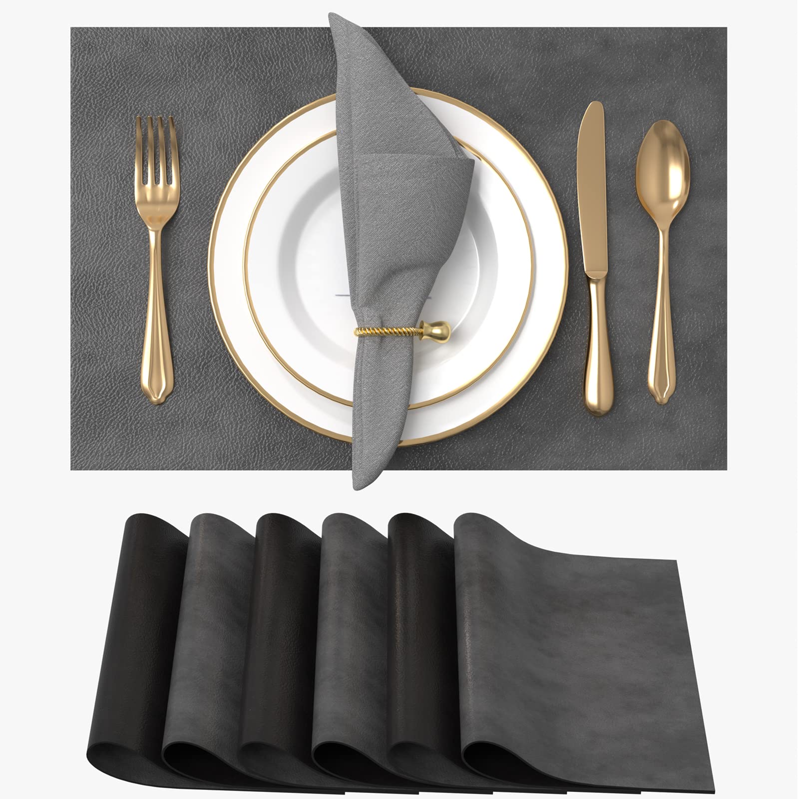 Vitare Placemats, Table Mats Set of 6, Heat Resistant Mat Non-slip and Easy to Clean, Two-color Table Mats PU Leather, 45×30cm-Black & Dark Grey