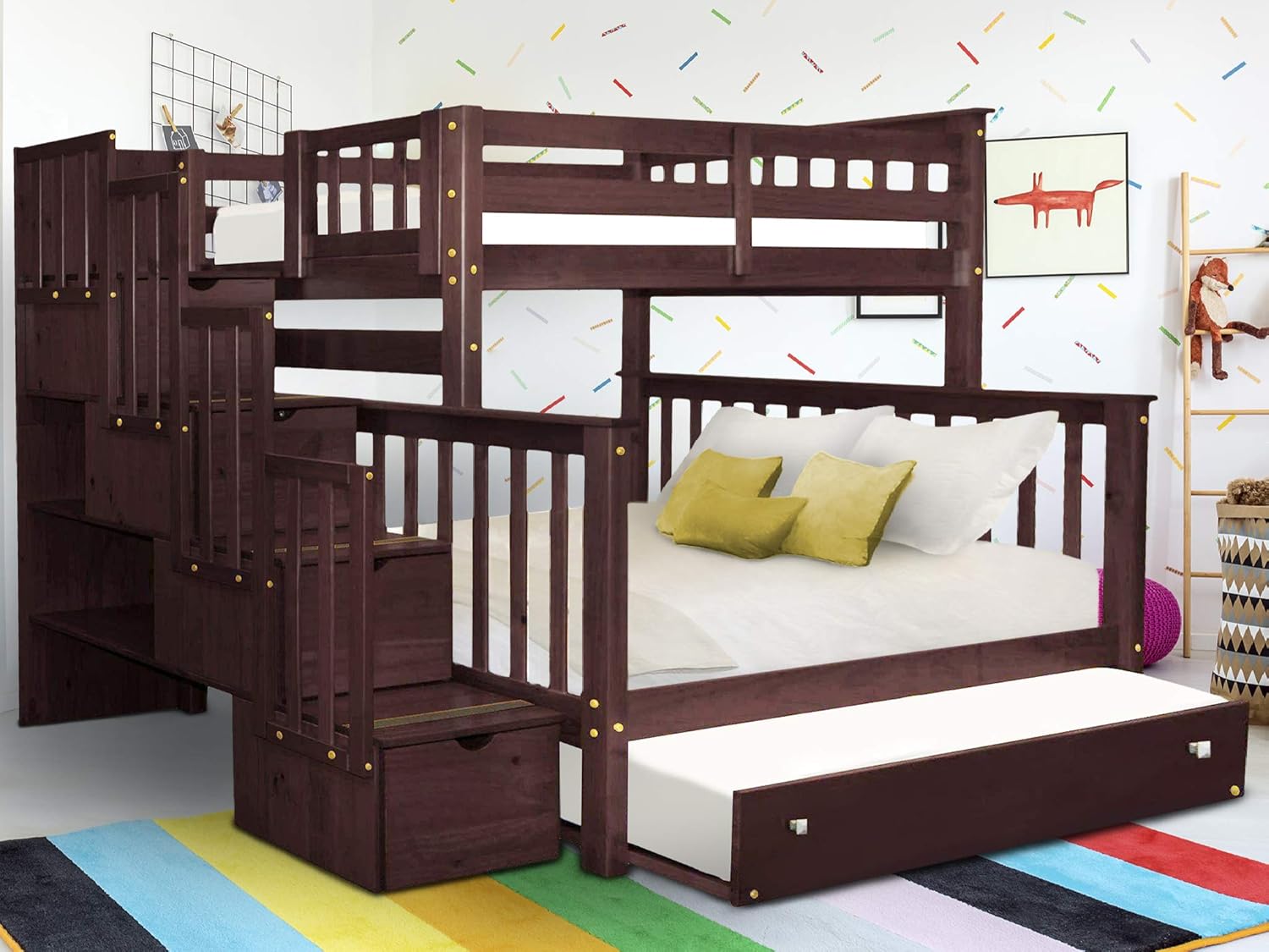 Bedz King Stairway Bunk Beds Twin Over Full With 4 Drawers In The Steps And A Twin Trundle Cappuccino Amazon In Furniture King Bunk Beds With Stairs