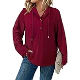 Eytino Womens Plus Size Sweatshirts Long Sleeve V Neck Embroidered Eyelet Drawstring Button Pullover Hooded Tops(1X-5X)