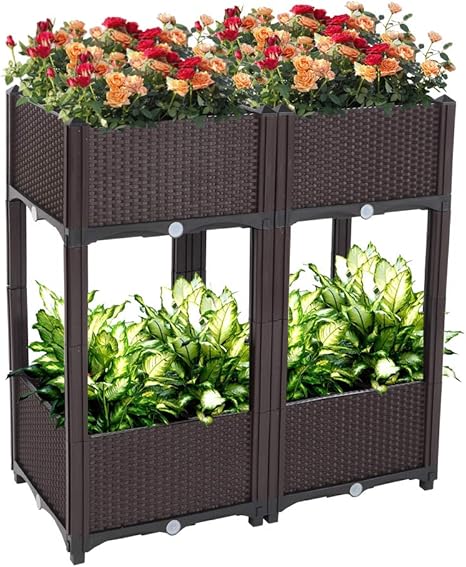 Amazon Com Planter Raised Beds Kits Set Of 4 Plastic Elevated Garden Beds With Brackets For Flowers Vegetables Outdoor Indoor Planting Box Container For Garden Patio Balcony Restaurant Easy Assembly Brown Kitchen