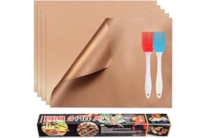 AMIAEDU KOLIFEGOODS Grill Mat, 5PCS BBQ Baking Mat Non-Stick Reusable Cooking Sheets for Gas Grills Outdoor Grill with 2 Silicone BBQ Brushes, 15.75 x 12.99 Inches Gold