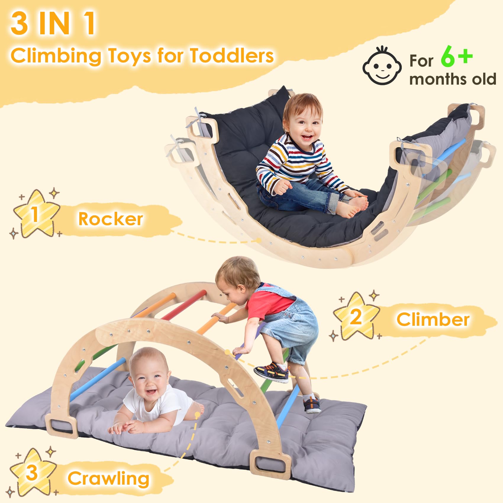 BIERUM Climbing Arch for Toddler - Montessori Arch Rocker Indoor, Wooden Climber Toys, Pikler Triangle Climber Arch Rocker with Two-Color Soft Cushion, Rainbow