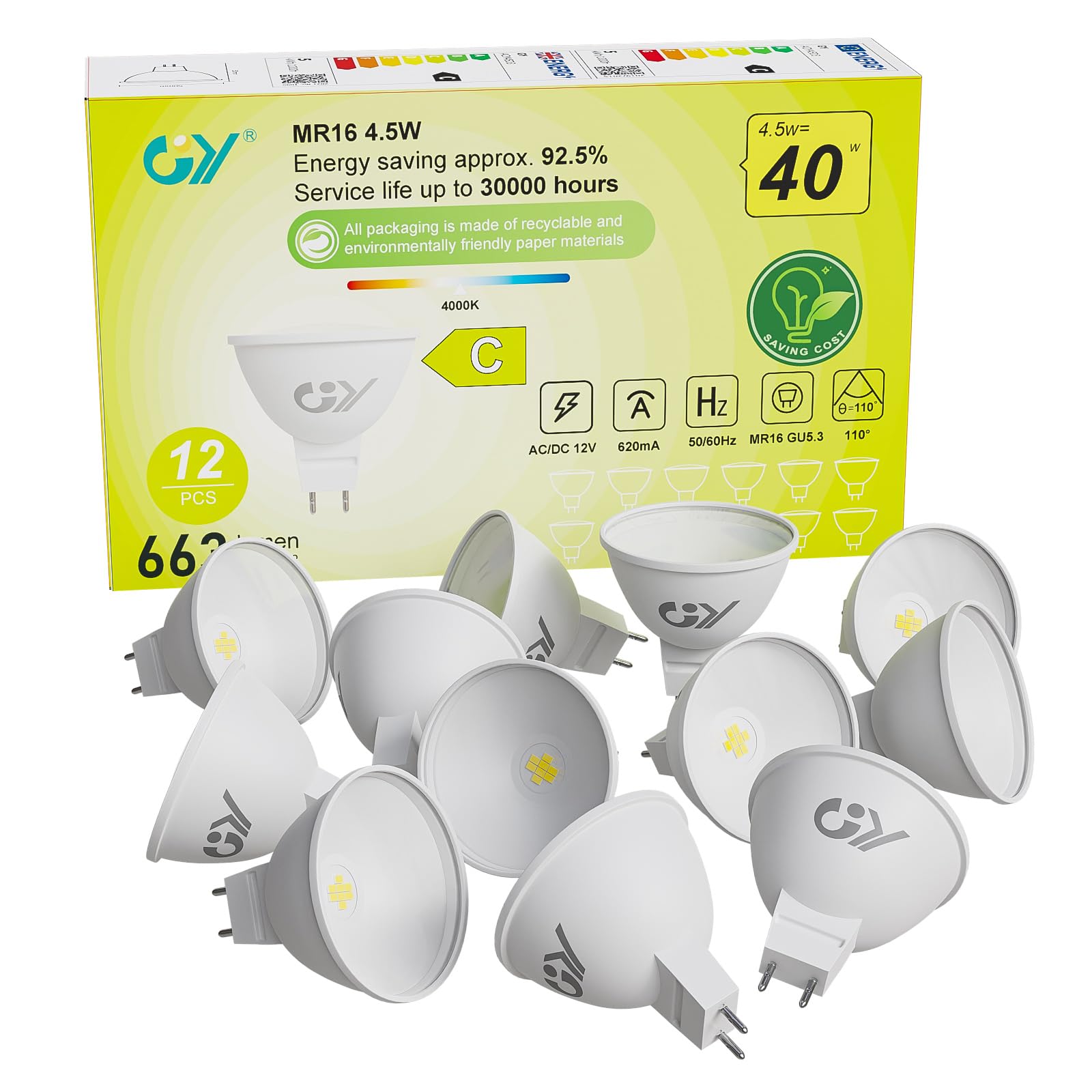 GY MR16 LED Bulbs Neutral White 4000K Light Bulbs, GU5.3 Energy Saving 4.5W 663 Lumen Replaces 60W, 120°Beam Angle,Non-Dimmable,12 Pack.