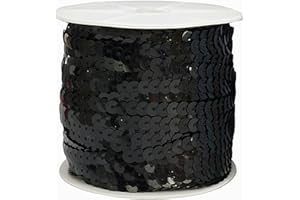 FQTANJU Black 6mm Crafts Round Flat Sequin Strip Trim on Strings for Crafts, Fringe, and Sewing; 100 Yard Roll