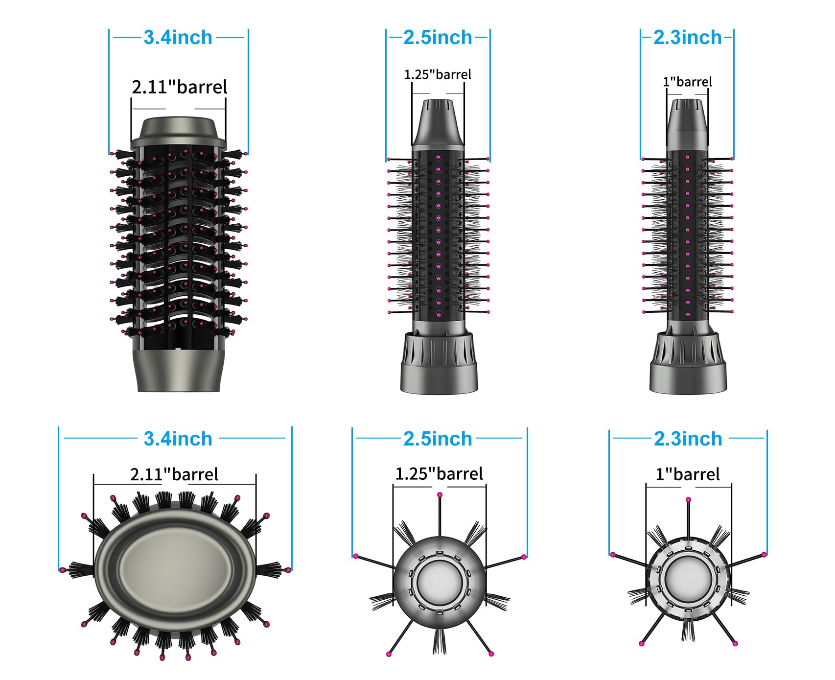 Hair Blow Dryer Brush, Salon Styler, Hot Air Hair Dryer and Volumizer Kit with Three Interchangeable Barrels | Replacement Parts Orderable