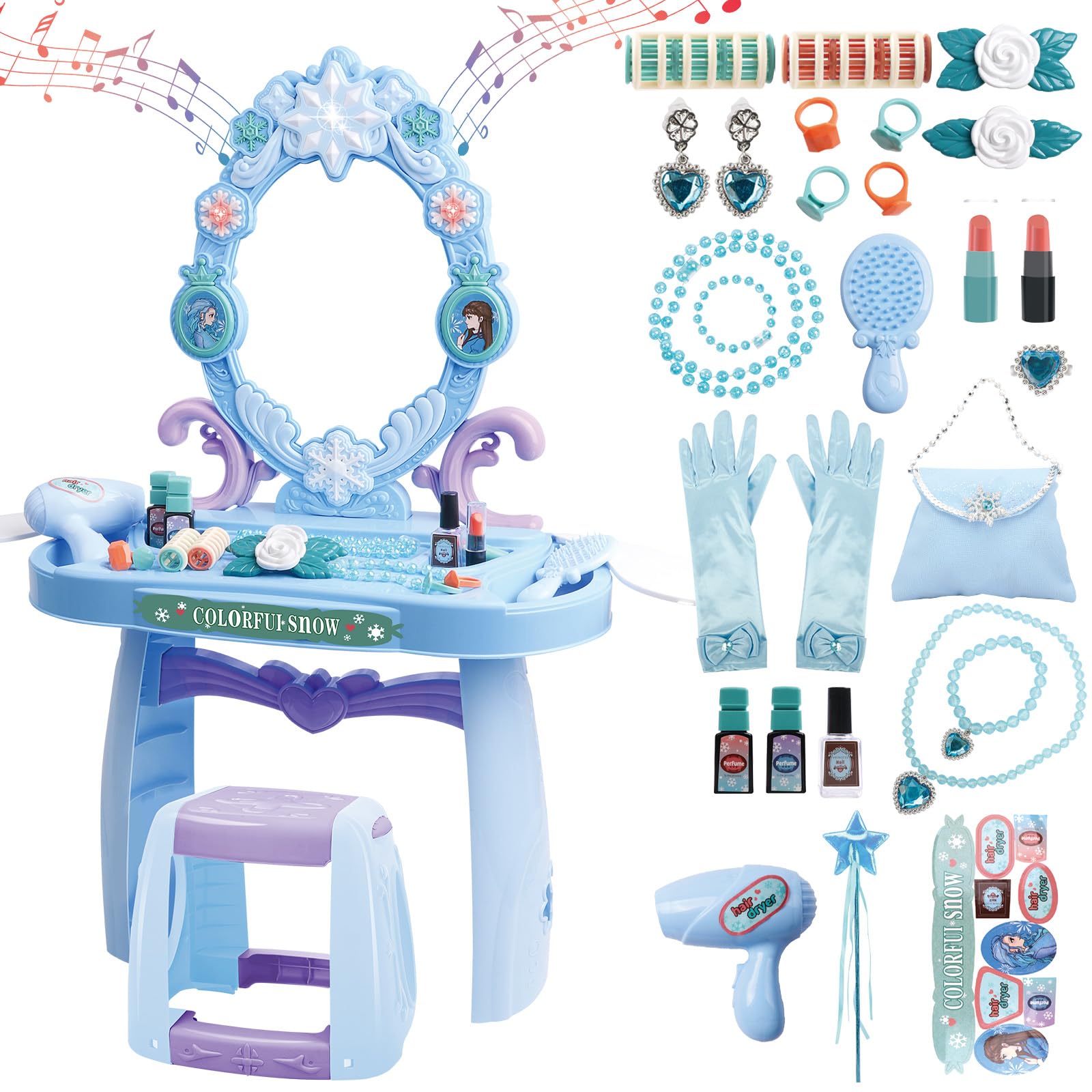 deAO Kids Vanity Table and Chair Set with Mirror and Chair, Toddler Vanity with Light & Music, Pretend Play Makeup & Hair Dryer Toy, Beauty Salon Gift for Girls Ages 3-5 (Blue)