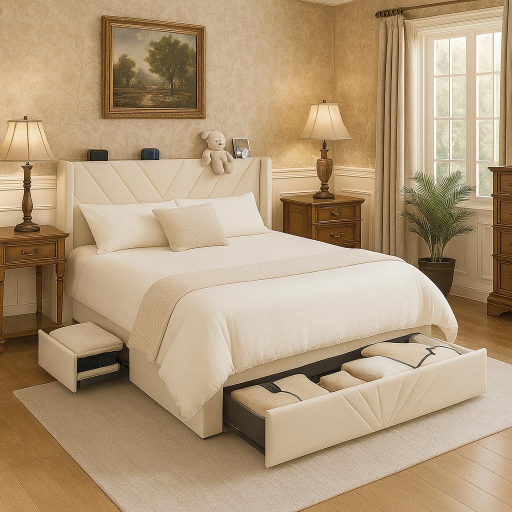 Photo 1 of ****PARTIAL SET****COMHOMA King Size Metal Bed Frame with Upholstered Headboard,Storage Drawers,USB & Type-C Charging Ports,No Box Spring Needed,White