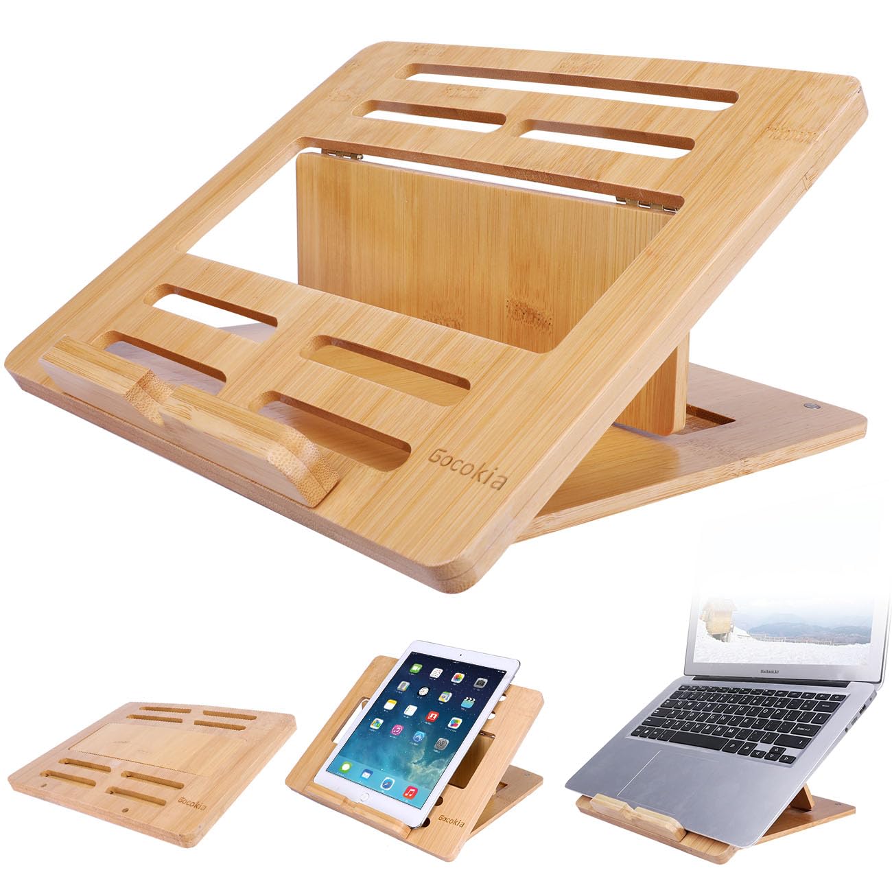 Gocokia Bamboo Fodable Laptop Notebook Riser Stand Desktop Adjustable with 4 Angles Notebook Mount Holder, Folding Laptop Cooler Stand for Macbook,Tablet,