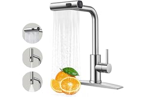 FORIOUS Kitchen Faucet with Pull Down Sprayer, Waterfall Sink Faucet for 3 Function, Stainless Steel Single Handle Modern Lau