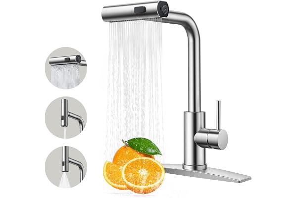 FORIOUS Kitchen Faucet with Pull Down Sprayer, Waterfall Sink Faucet for 3 Function, Stainless Steel Single Handle Modern Lau