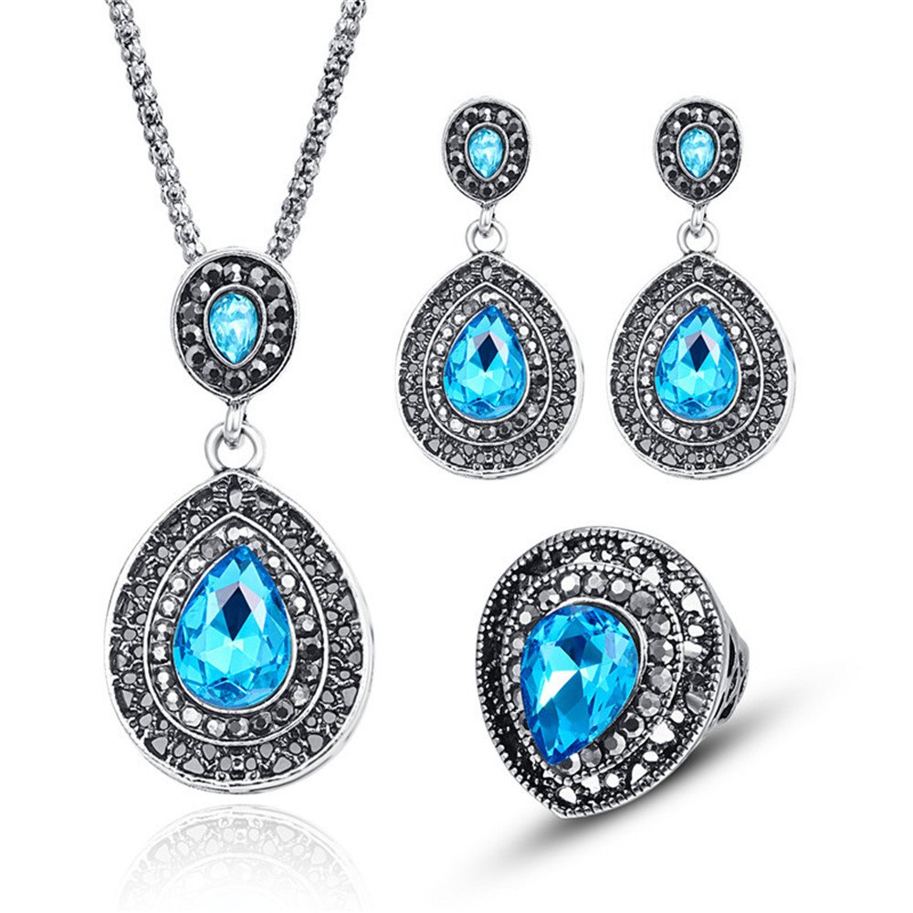 LUYUAN JEWELRY Women Crystal Pendant Silver Plated Chain Necklace Drop Earring Ring 3 PCS Jewelry Set 2 Colors - Blue+Ring#7