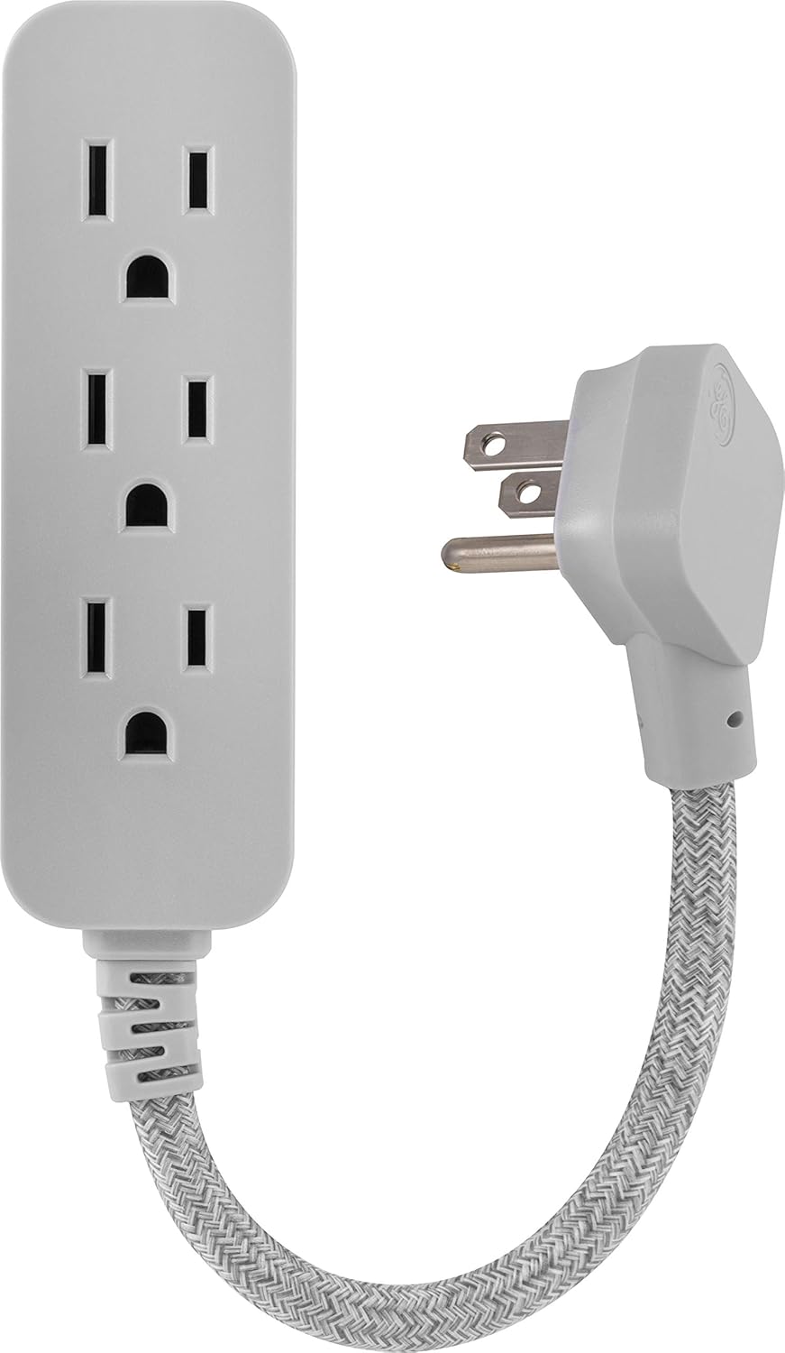 GE, Heather Gray, Designer Power Strip, 6 Inch Braided Extension Cord, 3 Grounded Outlets, Flat Plug, 53199 - - 