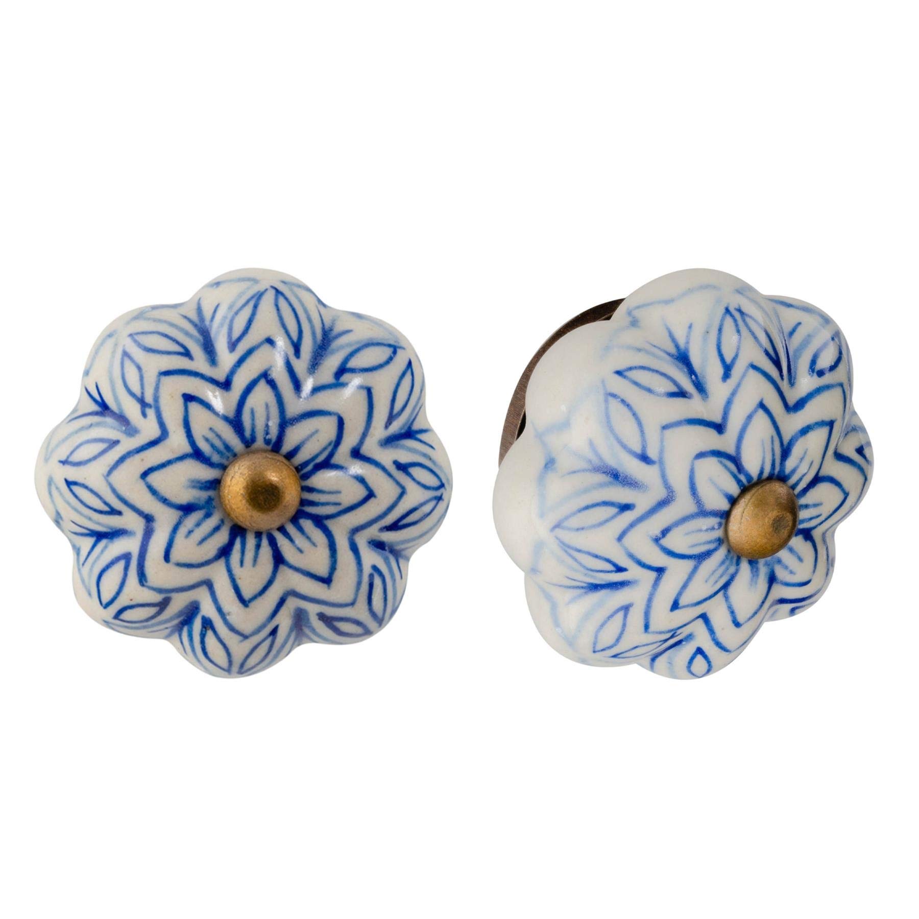 Nicola Spring Ceramic Cupboard Drawer Handle Knobs - Vintage Flower Design - Light Blue - Pack of 6