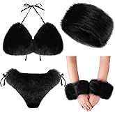 Ramede 4 Pcs Women's Faux Fur Bikini Bra Top Fur Headband Wrist Cuffs Bikini Panties Set Furry Suits for Women Swimsuits