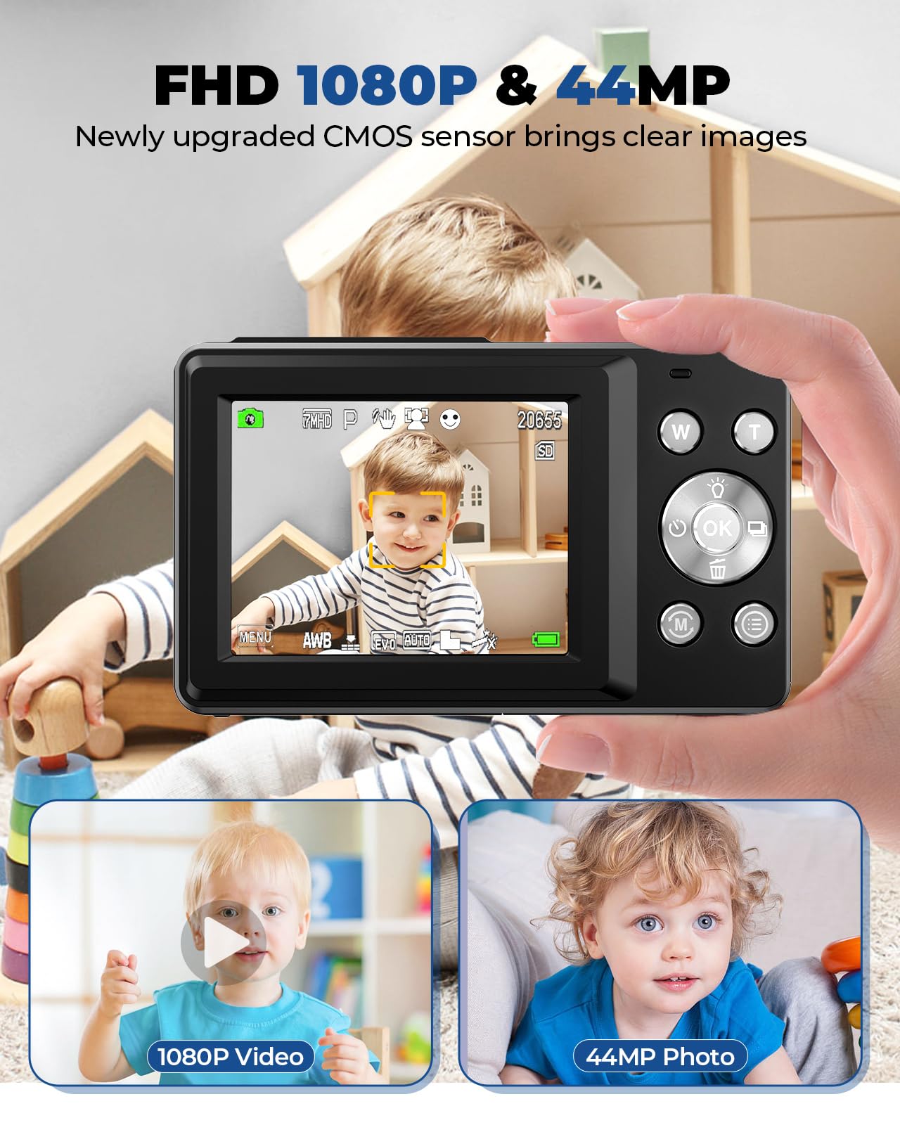 Digital Camera,Kids Camera with 32GB Card,Nsoela FHD 1080P 44MP Compact Vlogging Camera,Point and Shoot Camera 16X Digital Zoom, Portable Mini Kids Camera for Teens Students (Black)