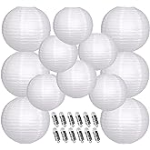 YUNXUAN Paper Lanterns Decorative, White Hanging Round Chinese Lanterns with Lights for Wedding Anniversary Birthday Party 12 LED Light Pack of 12