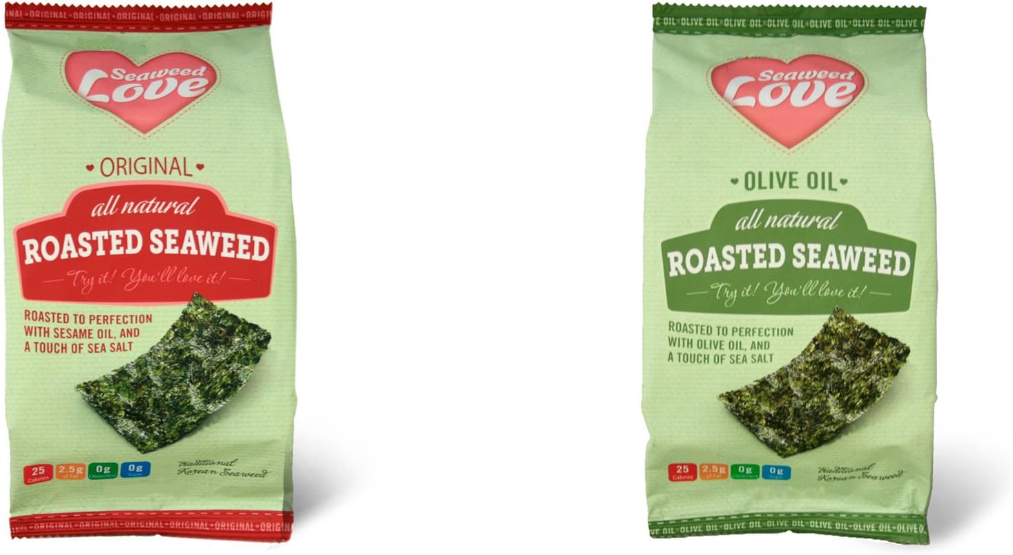 Seaweed Love All Natural Roasted Seaweed, Original and Olive Oil, 0.53 Ounce (Pack of 12)