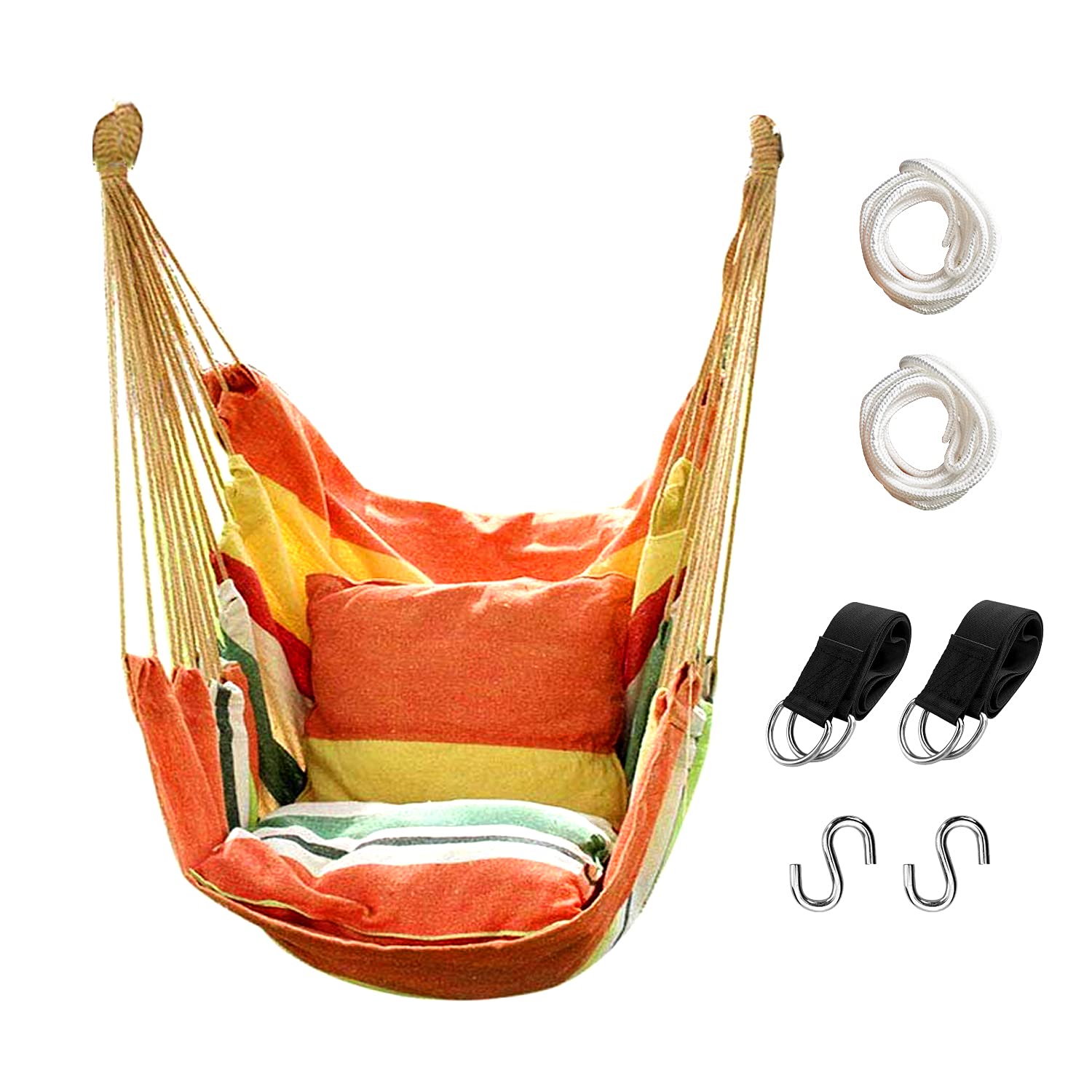 Hommtina Hammock Chair Hanging Rope Swing, Max 300 Lbs Hanging Chair with Pocket & Durability Perfect for Outdoor, Home, Bedroom, Patio, Yard (Pillows NOT Included,Orange)