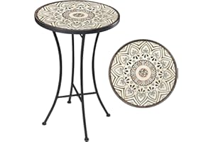 Vipush Mosaic Outdoor Side Table, 14" Round Folding Plant Stand for Patio Garden Backyard Balcony Porch Indoor Accent End Table for Living Room, Ceramic Tabletop with Black Iron, Melard